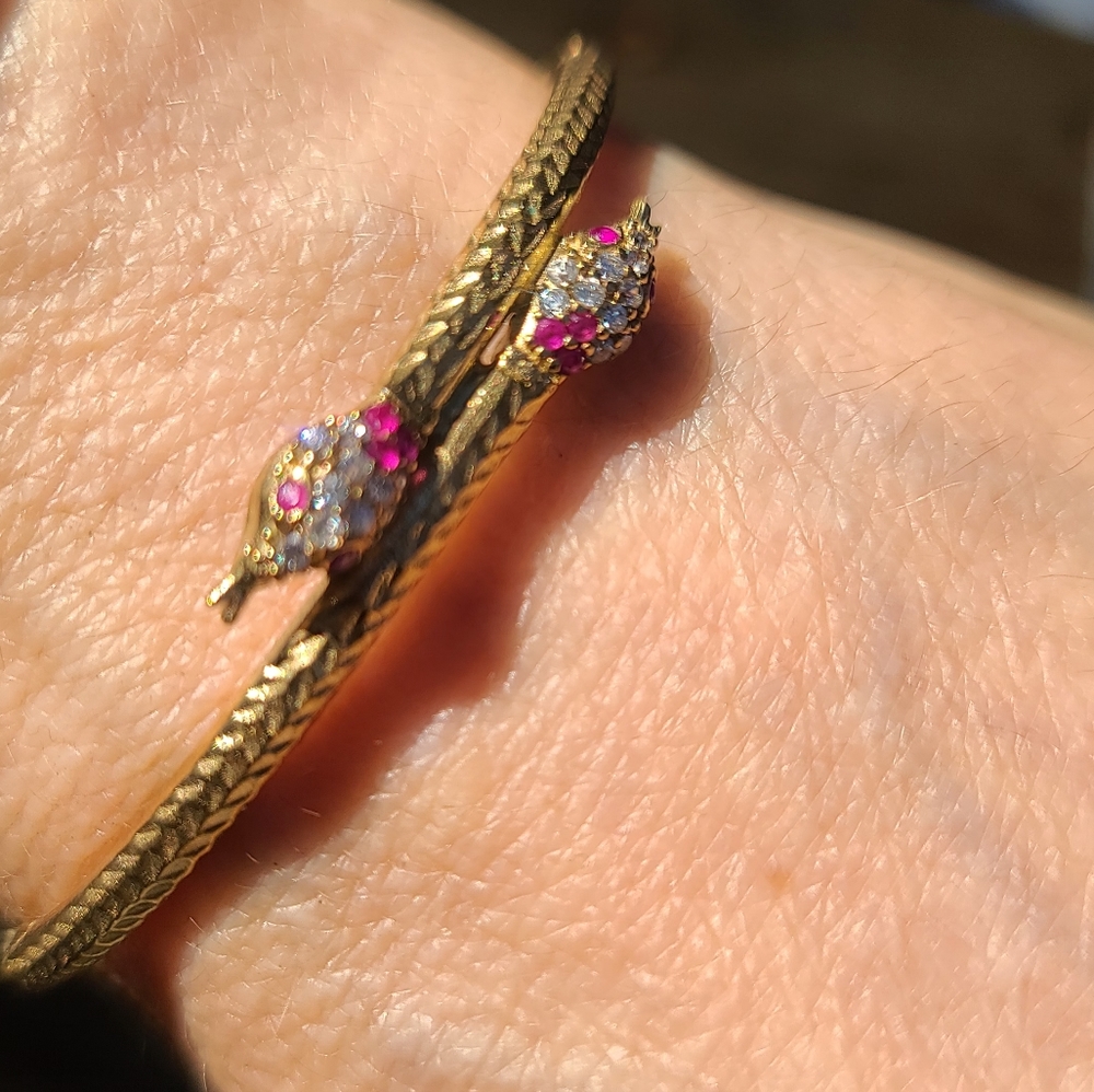 Topaz &Ruby Dual bronze Snake Adjustable .925 sterling Bracelet - Picture 4 of 12